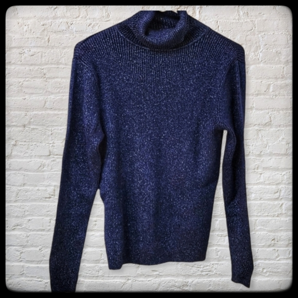 3/$60 MODA INTERNATIONAL Navy Blue Metallic Marled Ribbed Turtleneck Sweater